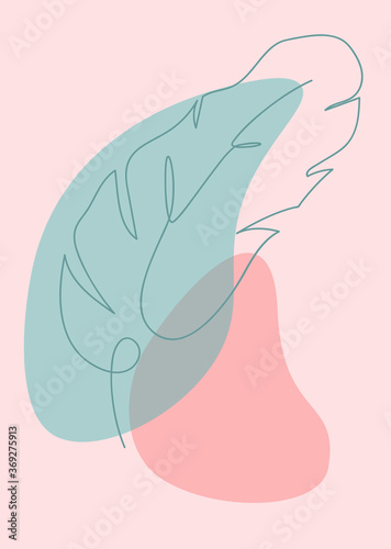Banana leaf drawing minimalist design on pink-green-red background, Doodle one line feather vector flat illustration