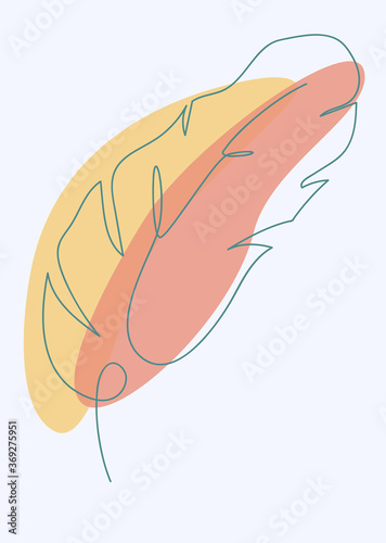 Banana leaf drawing minimalist design on blue-yellow-red background, Doodle one line feather vector flat illustration