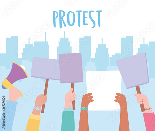 manifestation protest activists, politic picket hands with placards in the city