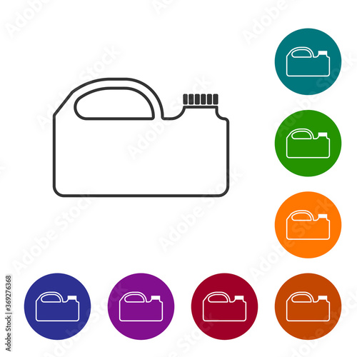 Black line Plastic canister for motor machine oil icon isolated on white background. Oil gallon. Oil change service and repair. Set icons in color circle buttons. Vector Illustration.