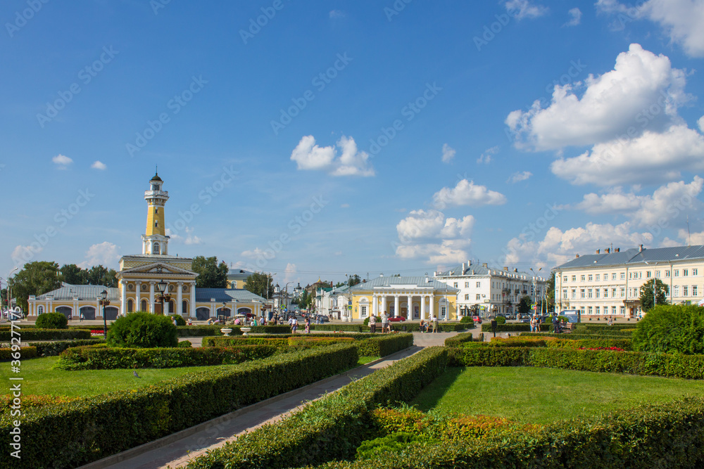 panoramic view of Susaninskaya square with historical architecture on a clear summer day and space for copying in Kostroma Russia