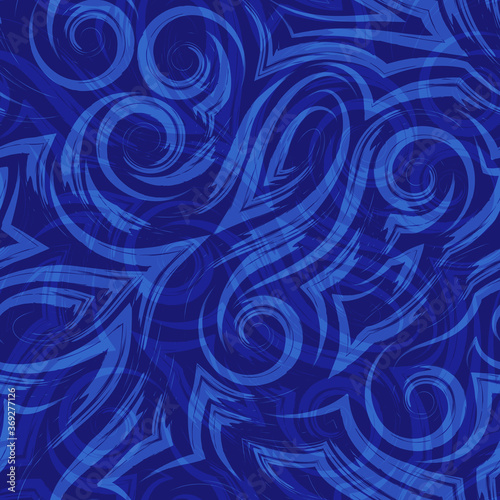Vector blue seamless pattern of waves or swirl drawn with a brush for decor on a dark background.Smooth uneven lines in the form of spirals of corners and loops.