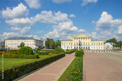 panoramic view of Susaninskaya square with historical architecture on a clear summer day and space for copying in Kostroma Russia