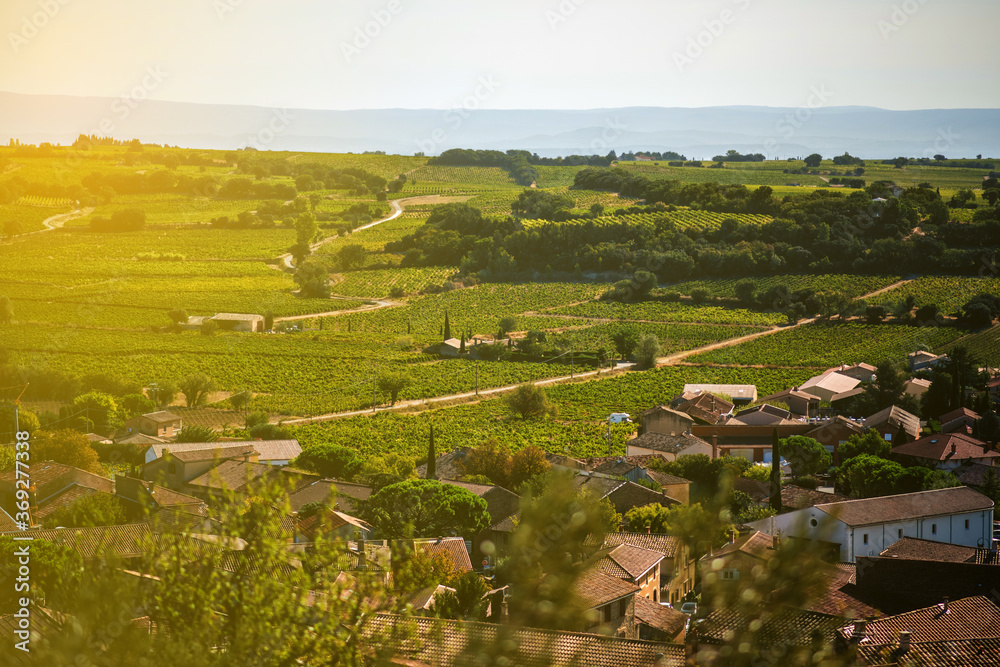 Landscape with vineyards and rural houses in sunset time in Provence. View from castle of Chateauneuf du Pape on the valley. Provence, France. Travel tourism destination. Wine agriculture - obrazy, fototapety, plakaty 