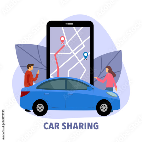 Online car sharing concept vector illustration on white background. People, car and mobile phone in flat design.
