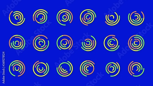 18 individually animated doughnut charts loop of data change on blue background