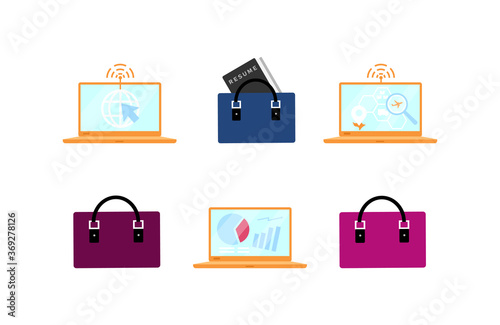Business accessories and laptops flat color vector objects set