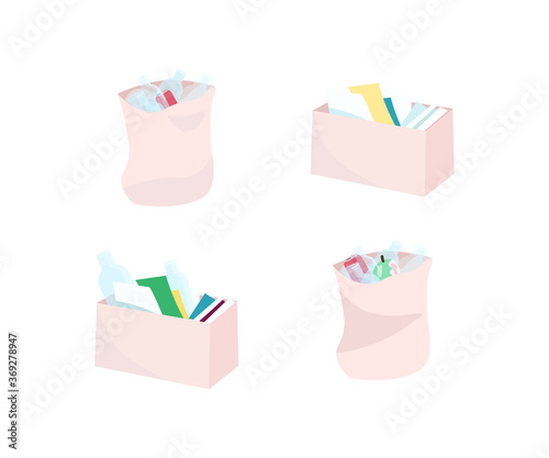 Waste boxes and bags flat color vector objects set