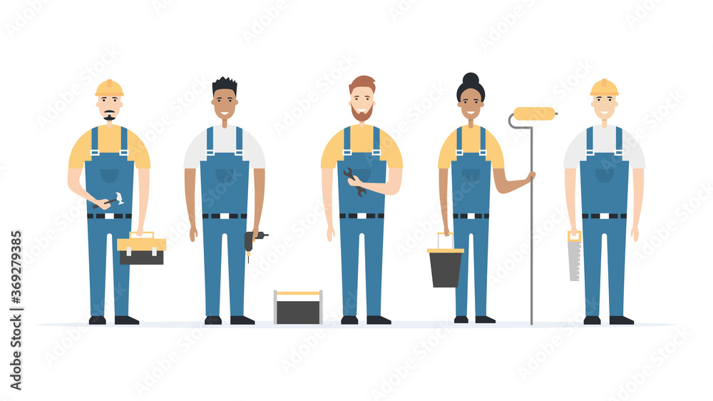 A group of builders. A team of construction and repair services. Flat style. Vector illustration
