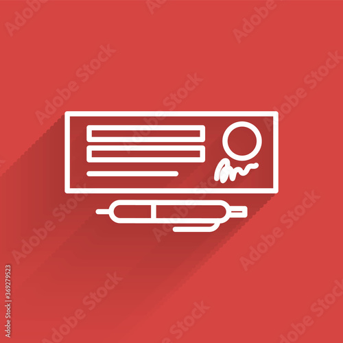 White line Blank template of the bank check and pen icon isolated with long shadow. Checkbook cheque page with empty fields to fill. Vector Illustration.