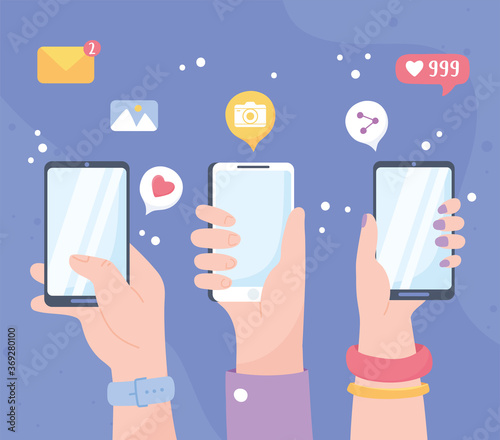 raised hands with mobile share like follow chat, social network communication system and technologies