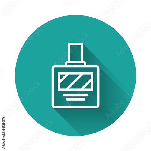 White line Aftershave icon isolated with long shadow. Cologne spray icon. Male perfume bottle. Green circle button. Vector Illustration.
