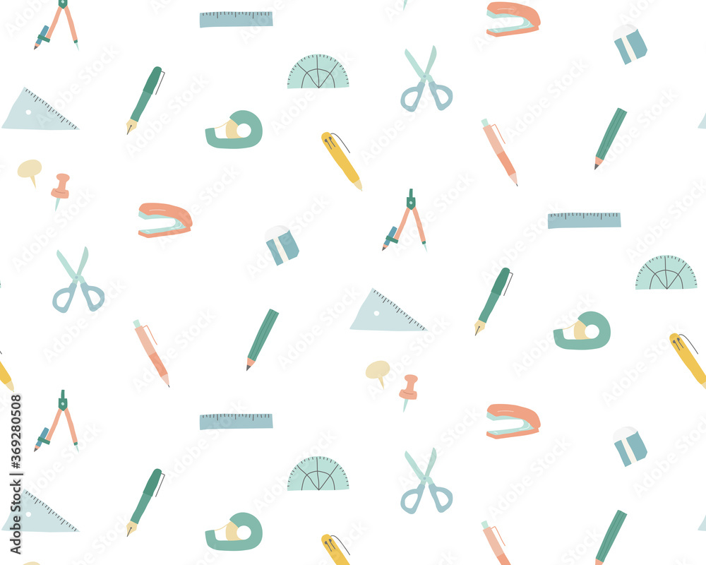 手書きの文房具の背景パターン 筆記用具 鉛筆 はさみ 定規 勉強 Stock Illustration Adobe Stock