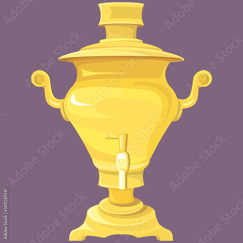 Gold samovar in cartoon style. Traditional russian vintage object.