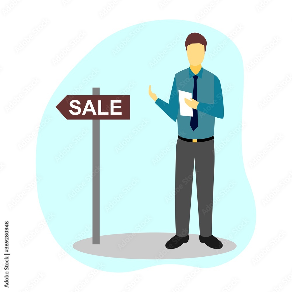 Vector illustration of a person presenting an item to sell. Showing direction. Vector illustration of a person presenting an item to sell. Showing direction.