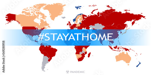 Stay at home hashtag and pandemic sign on map background.
