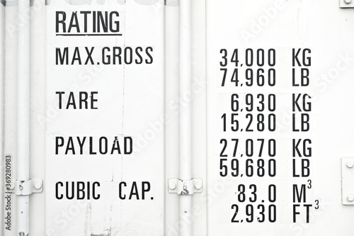 Shipping container payload and cubic rating.