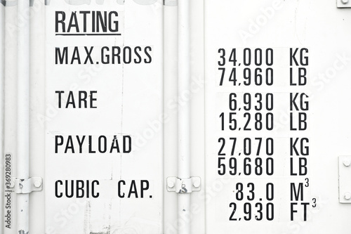 Shipping container payload and cubic rating. photo