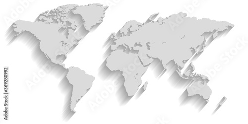Grey vector World Map Illustration, isolated on white background. Flat Earth, gray map template for website pattern, annual report, infographics with shadow.
