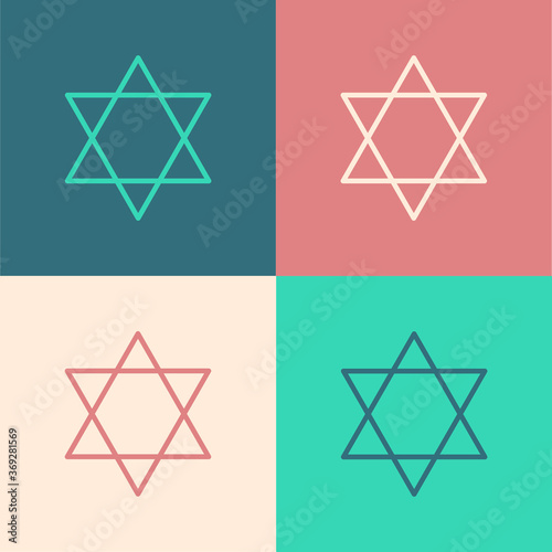 Pop art line Star of David icon isolated on color background. Jewish religion symbol. Symbol of Israel. Vector Illustration.
