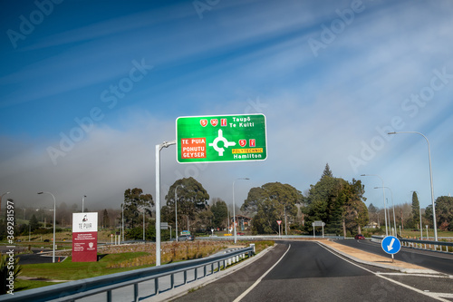 TAUPO, NEW ZEALAND - SEPTEMBER 1, 2018: Road intersections and Te Puia exit sign