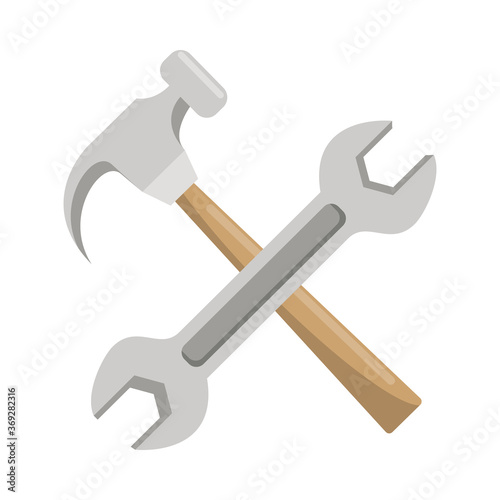 wrench key and hammer tools crossed