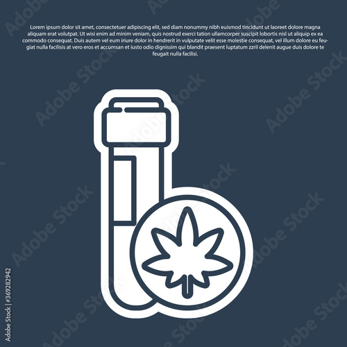 Blue line Chemical test tube with marijuana or cannabis leaf icon isolated on blue background. Research concept. Laboratory CBD oil. Vector Illustration.