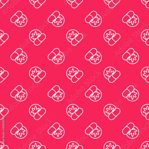 White line Herbal ecstasy tablets icon isolated seamless pattern on red background. Vector Illustration.