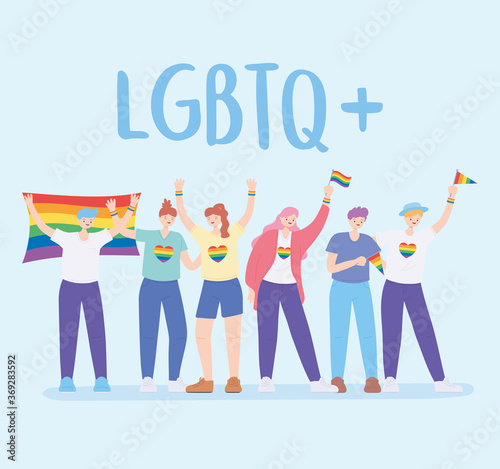 LGBTQ community, people hug holding a rainbow flag, gay parade sexual discrimination protest