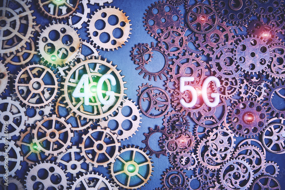 Modern technologies and progress of 4G networks switching to 5G.Logo of 4G and 5G networks on the background of gears. Modern technologies and progress of 4G networks switching to 5G.Logo of 4G and 5G networks on the background of gears.