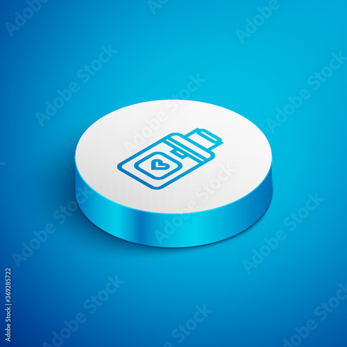 Isometric line Cooler box for human organs transportation icon isolated on blue background. Organ transplantation concept. Organ container. White circle button. Vector Illustration.