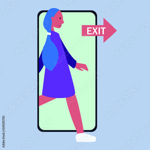 Vector concept of digital detox. A woman exits from the screen of a mobile phone.