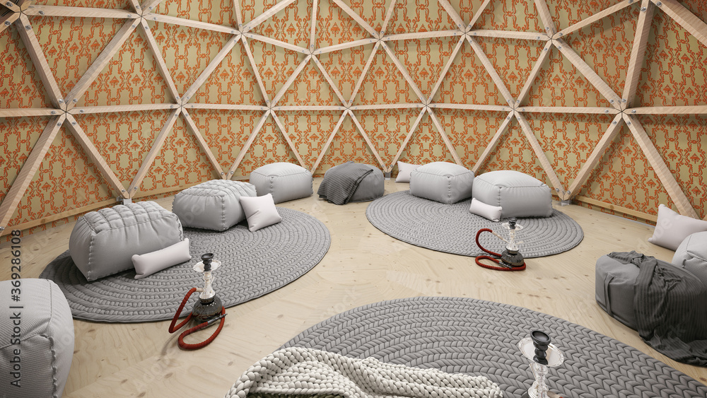 Modern geodesic dome tent yurt interior with hookahs. Nomad tent interior.  Stock Illustration | Adobe Stock