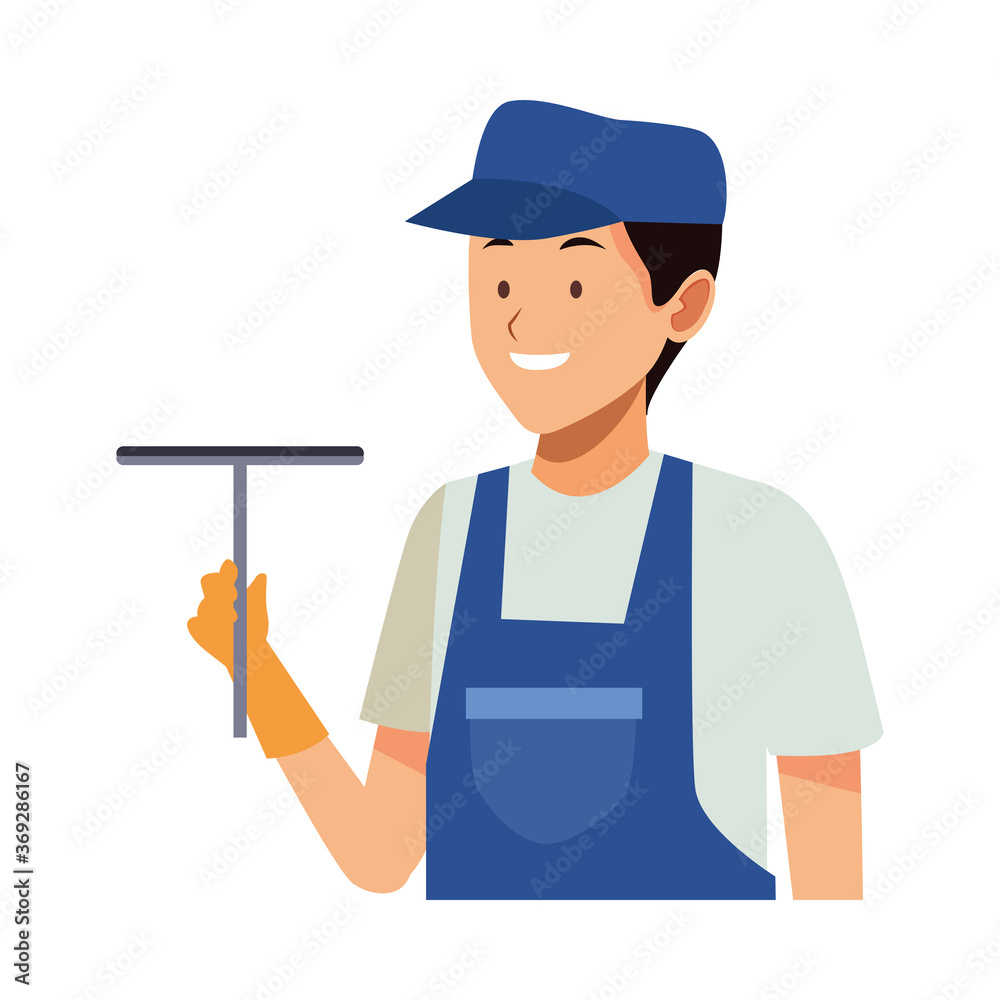 housekeeping male worker with clean glass brush