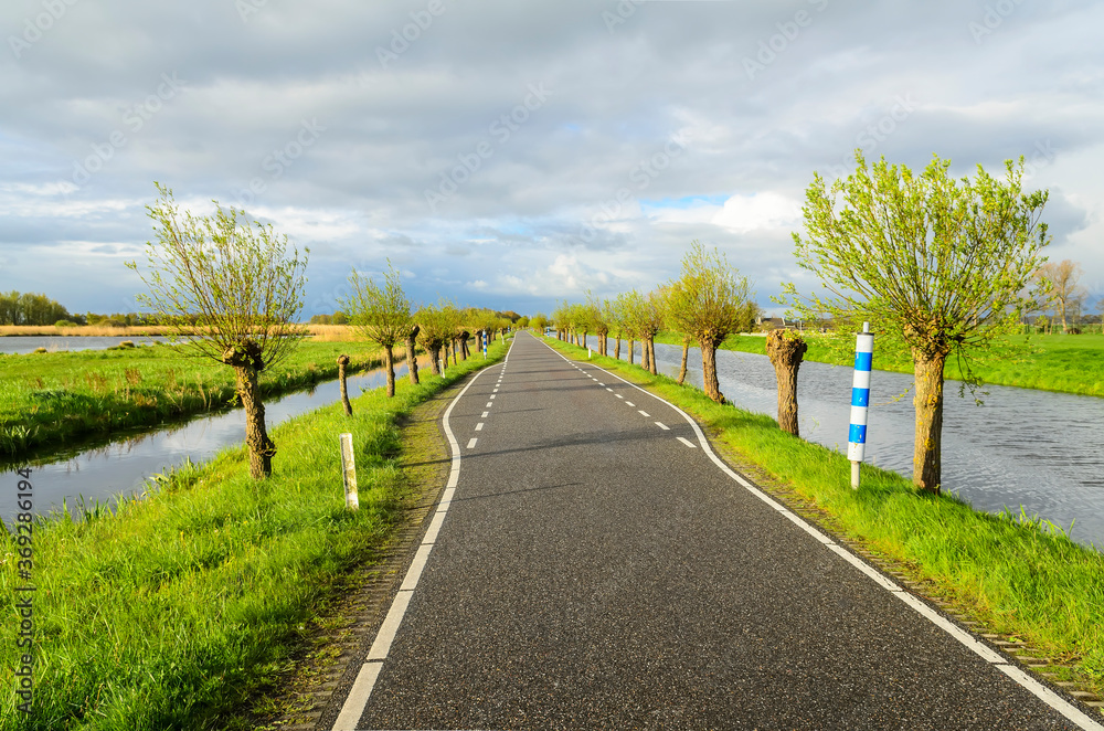 Obraz premium A narrow village road running along the canals. The Netherlands