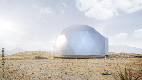 Foto Modern white geodesic dome tent in desert
