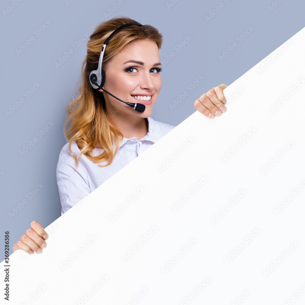 Call Center Service. Customer support or sales agent. Business woman or caller or receptionist phone operator showing sign board or billboard with copy space. Helping, answering, consulting. Square. Call Center Service. Customer support or sales agent. Business woman or caller or receptionist phone operator showing sign board or billboard with copy space. Helping, answering, consulting. Square.