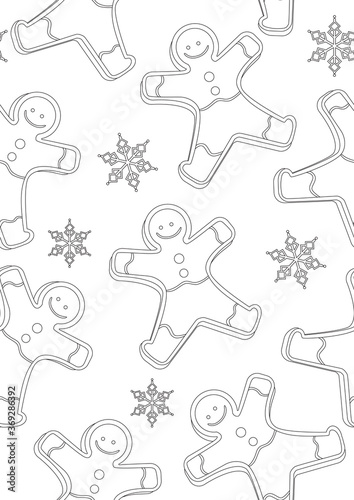 Fototapeta Naklejka Na Ścianę i Meble -  Christmas coloring page or seamless pattern with gingerbread men for adults, outline vector stock illustration for print in coloring book