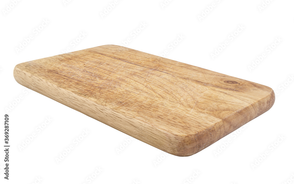Old grunge wooden kitchen cutting board isolated on white