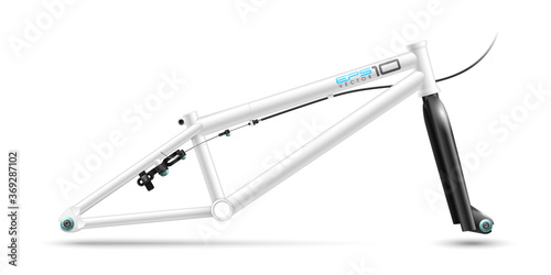 White tubular frame bicycle BMX. Black shiny fork, cable, rear brake and axle nuts. Vector bike parts for technical design of vehicle, each object is grouped and has a name