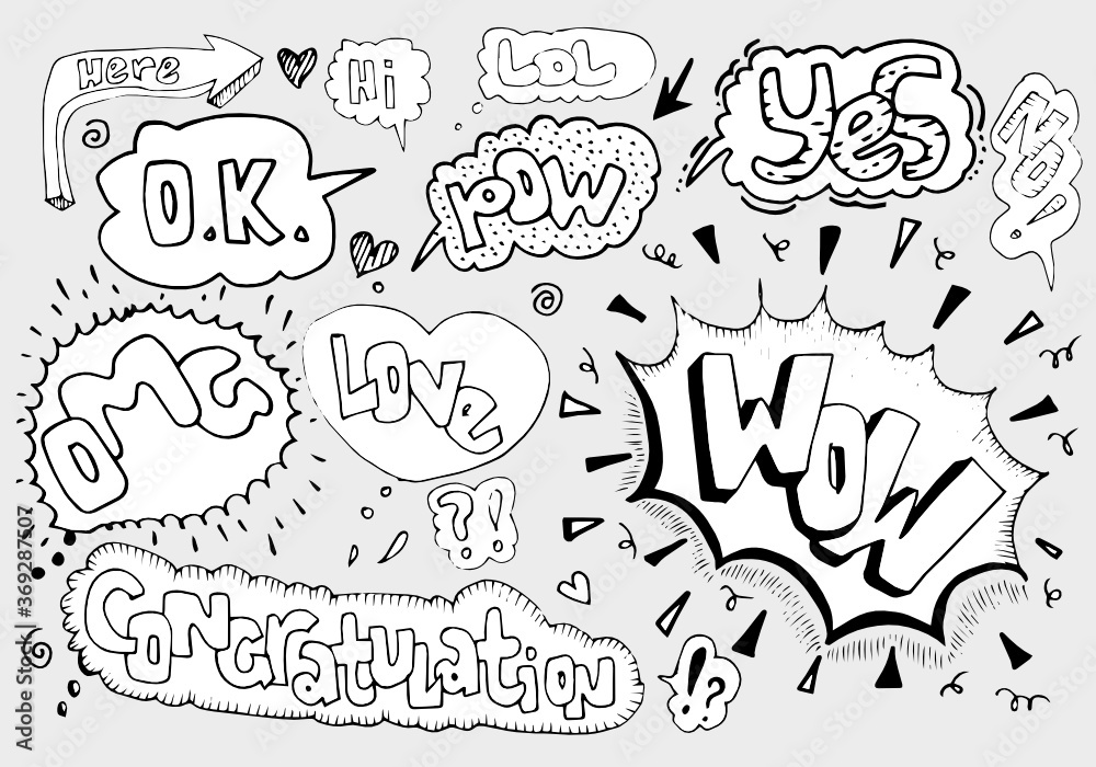 Hand drawn speech bubbles with handwritten short phrases pow,wow,hi,ok,lol,love,omg,yes. Hand drawn speech bubbles with handwritten short phrases pow,wow,hi,ok,lol,love,omg,yes.