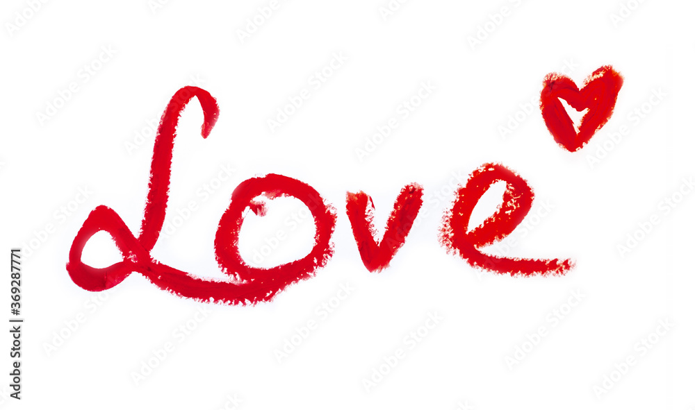 I love you romantic text kiss written by lipstick trace red on white background