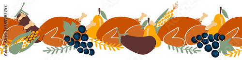 Thanksgiving Dinner seamless vector border. Roasted turkey horizontal repeating pattern. Thanksgiving Food design for greeting cards, footer, header, invite, ribbon, fabric trim, Christmas