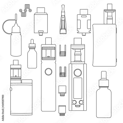 Vector set of vape accessories outline icons.