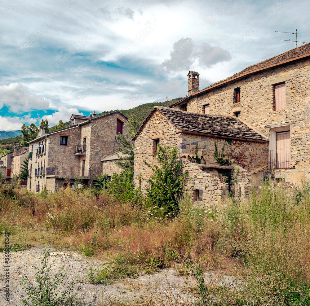 Village with stone houses in the Pyrenees mountains