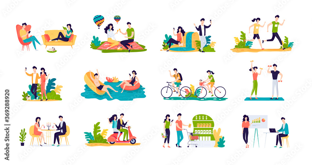 Young couple spending time together vector illustration set