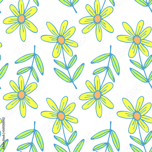 Flat vector of flowers. Hand drawn stock illustration of seamless pattern of plants on a white background.