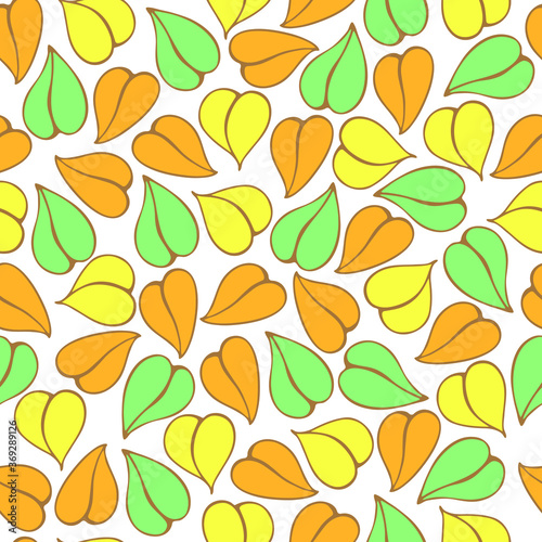 Seamless pattern of abstract autumn leaves isolated on a white background. Hand drawn vector stock illustration with forest foliage. 