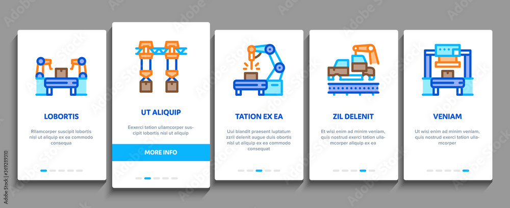 Manufacturing Process Onboarding Mobile App Page Screen Vector. Manufacturing Conveyor Car And Products, Factory Computer Settings And Robot Arm Illustrations