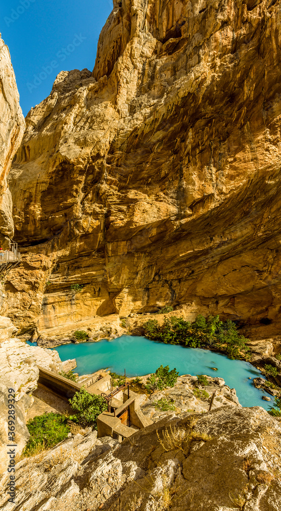 A panorama view looking down to the Gaitanejo river from the Caminito del Rey pathway as near Ardales, Spain in the summertime A panorama view looking down to the Gaitanejo river from the Caminito del Rey pathway as near Ardales, Spain in the summertime